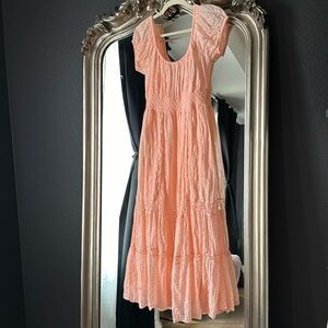 LoveShackFancy Neon Coral Cotton Midi Dress with Lace Detailing XS